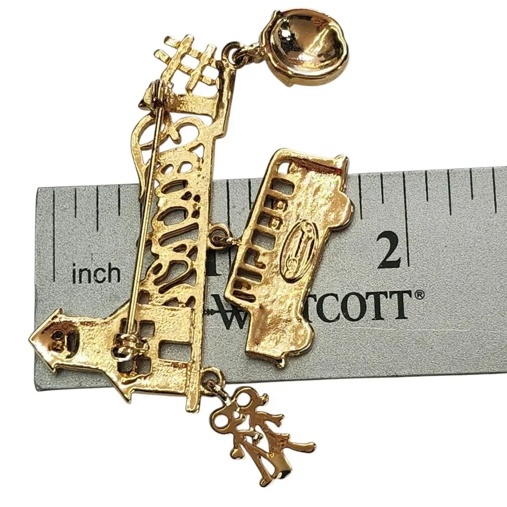 #1 Teacher School Brooch Lapel Pin 3 Charms Apple Bus Kids Gold Red Vintage 80s